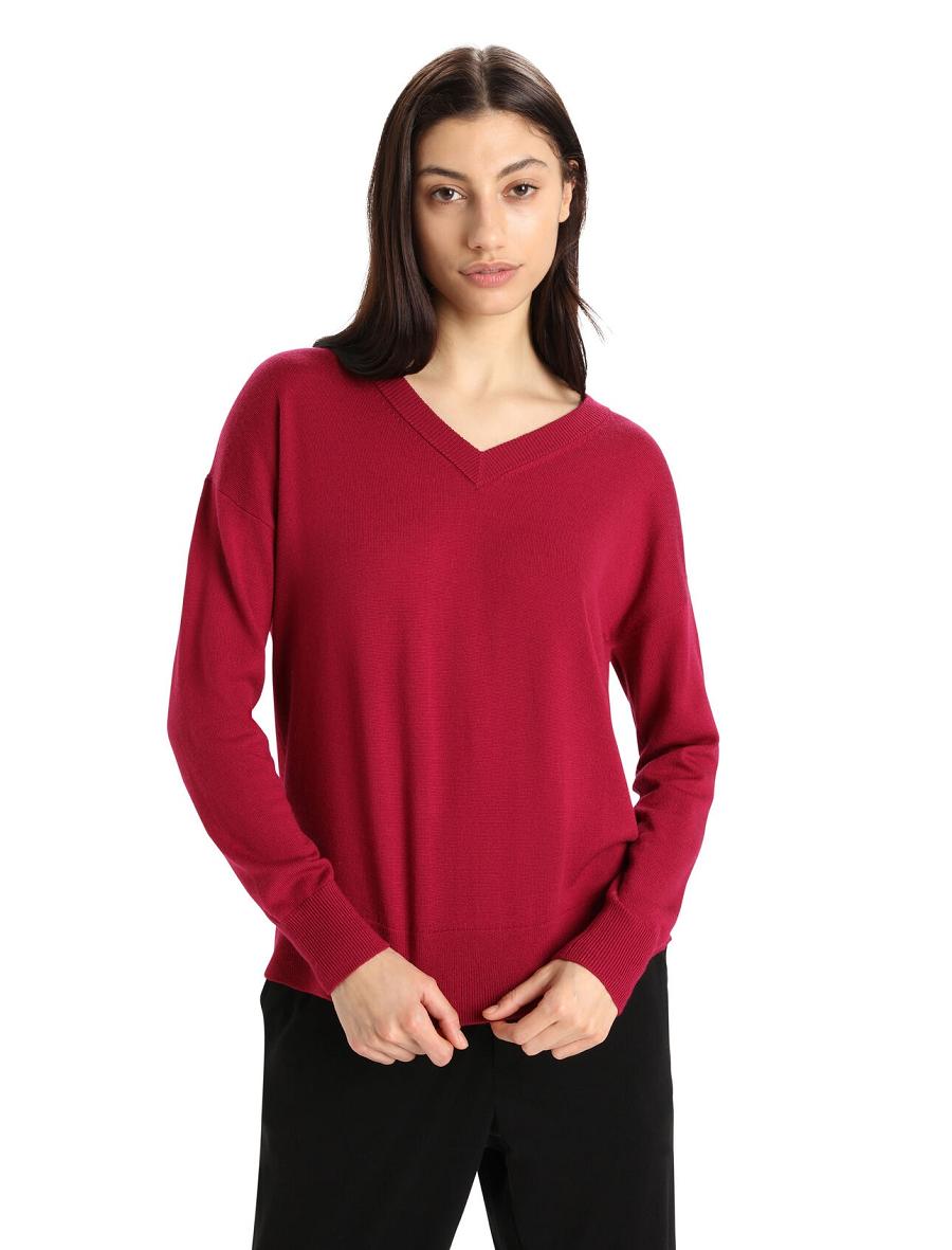 Women\'s Icebreaker Merino Shearer V Neck Sweaters Cherry | CA 1319VRWD